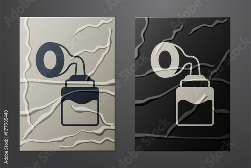 White Breast pump icon isolated on crumpled paper background. Paper art style. Vector