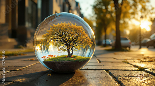 Une sphère mystique révèle un arbre de vie majestueux enraciné dans une nature luxuriante, reflet de paix et de sagesse.