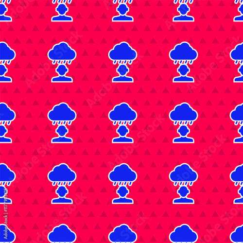 Blue Depression and frustration icon isolated seamless pattern on red background. Man in depressive state of mind. Mental health problems. Vector