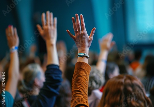 a group of people raising their hands photo