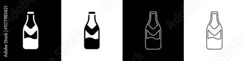 Set Beer bottle icon isolated on black and white background. Vector