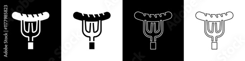 Set Sausage on the fork icon isolated on black and white background. Grilled sausage and aroma sign. Vector
