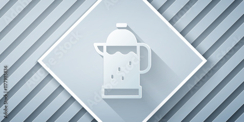 Paper cut French press icon isolated on grey background. Paper art style. Vector