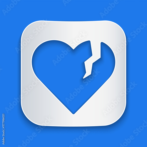 Paper cut Broken heart or divorce icon isolated on blue background. Love symbol. Happy Valentines day. Paper art style. Vector