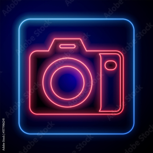 Glowing neon Photo camera icon isolated on black background. Foto camera. Digital photography. Vector