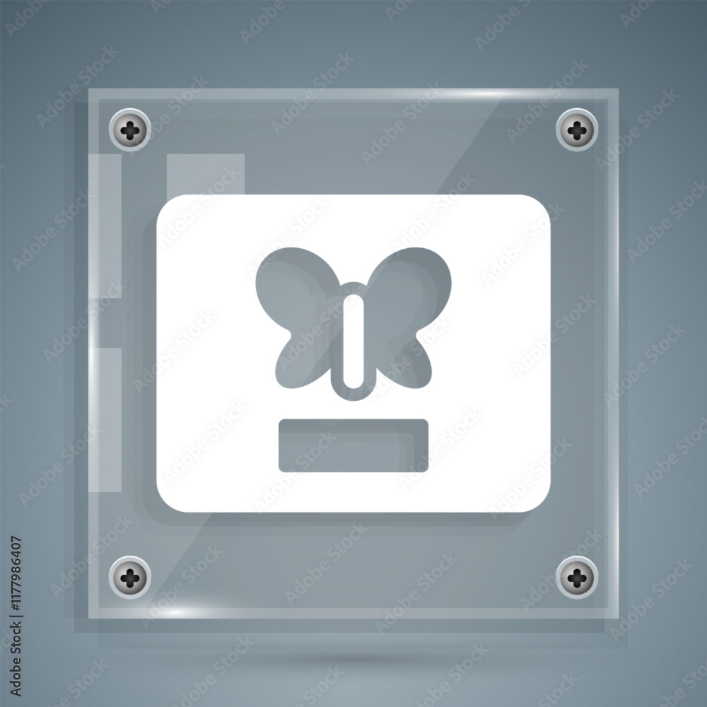 White Butterfly in a frame icon isolated on grey background. Herbarium. Square glass panels. Vector White Butterfly in a frame icon isolated on grey background. Herbarium. Square glass panels. Vector