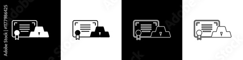 Set Gold bars with certificate icon isolated on black and white background. Banking business concept. Vector