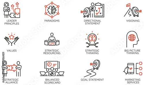 Vector Set of Linear Icons Related to Leadership Principles, Skills, Traits, Strategy. Visioning and Thinking. Mono line pictograms and infographics design elements