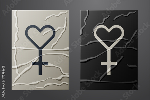 White Female gender symbol icon isolated on crumpled paper background. Venus symbol. The symbol for a female organism or woman. Paper art style. Vector