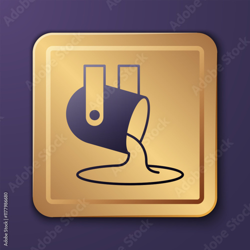 Purple Molten gold being poured icon isolated on purple background. Molten metal poured from ladle. Gold square button. Vector