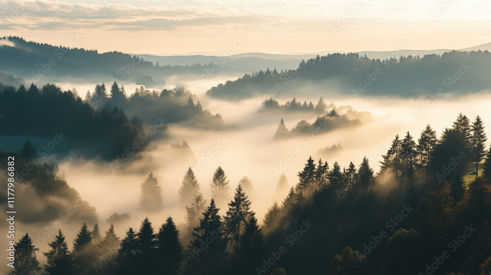 Misty Forest Landscape at Sunrise with Golden Light and Foggy Hills, Peaceful Nature Scene for Relaxation and Inspiration