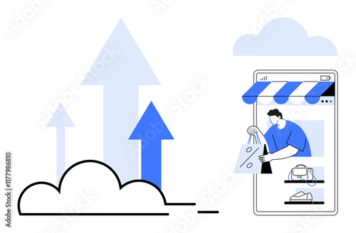 Smartphone with awning, person holding shopping bags, shoes and handbags inside phone, upward arrows, cloud. Ideal for online business, e-commerce growth, digital marketing, retail customer