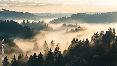 Obraz na płótnie Misty Forest Landscape at Sunrise with Golden Light and Foggy Hills, Peaceful Nature Scene for Relaxation and Inspiration w salonie