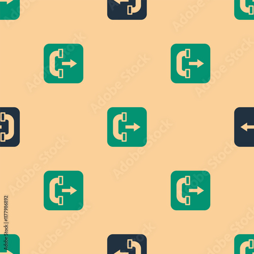 Green and black Outgoing call phone icon isolated seamless pattern on beige background. Phone sign. Telephone handset. Vector