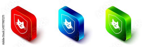 Isometric Animal health insurance icon isolated on white background. Pet protection concept. Dog or cat paw print. Red, blue and green square button. Vector