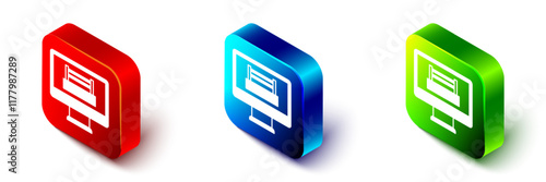 Isometric Boxing ring show at television screen monitor icon isolated on white background. Red, blue and green square button. Vector