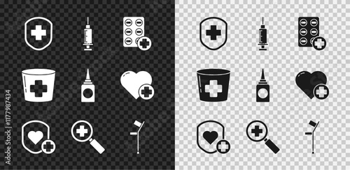 Set Medical shield with cross, Syringe, Pills blister pack, Shield and heart rate, Magnifying glass for search medical, Crutch crutches, Nurse hat and Bottle nasal spray icon. Vector