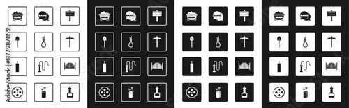 Set Road traffic signpost, Gallows rope loop hanging, Shovel, Coal mine trolley, Pickaxe, Bang boom, gun Comic, Saloon door and Dynamite bomb icon. Vector