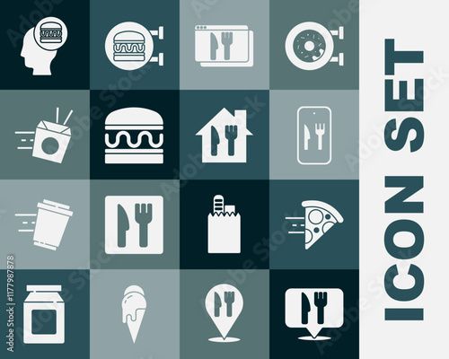Set Cafe and restaurant location, Online ordering pizza delivery, Burger, noodles, and icon. Vector
