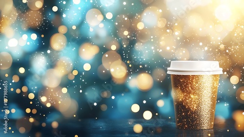 Gold coffee cup on table, festive bokeh background photo