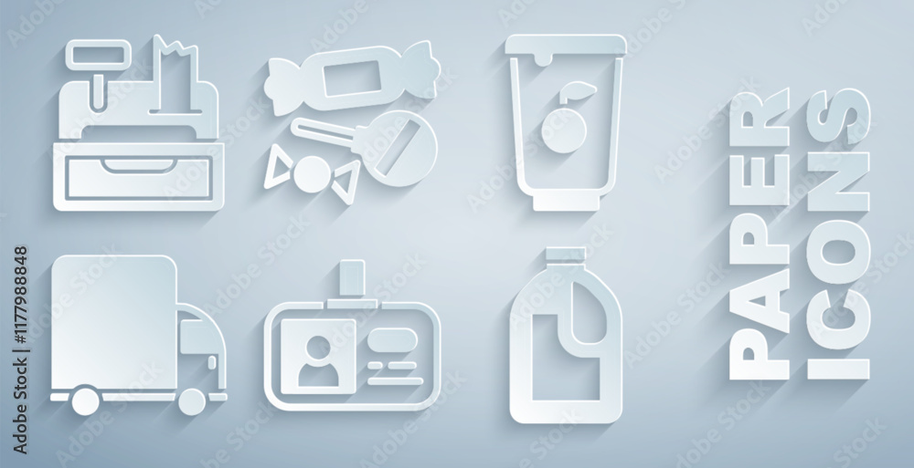 Set Identification badge, Yogurt container, Delivery cargo truck, Bottle for cleaning agent, Candy and Cash register machine icon. Vector