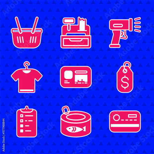 Set Identification badge, Canned fish, Credit card, Price tag with dollar, Shopping list, T-shirt, Scanner scanning bar code and basket icon. Vector