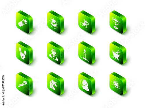 Set Magic ball, Hermes sandal, Medieval goblet, Mortar pestle, stone, Burning candle in candlestick, Moon stars and Unicorn icon. Vector