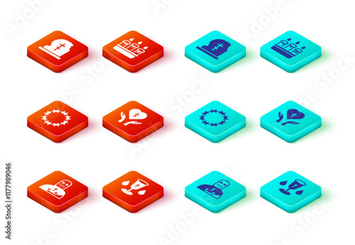 Set Knight crusader, Christian chalice, Crown of thorns, Religious cross in heart, Burning candle candlestick and Grave with tombstone icon. Vector