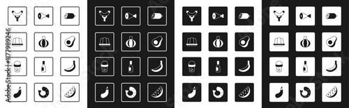 Set Salami sausage, Onion, Jelly cake, Sausage the fork, Avocado fruit, Chicken leg, Banana and Ice cream in waffle icon. Vector