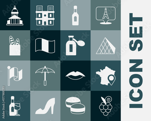 Set Grape fruit, Map of France, Louvre glass pyramid, Champagne bottle, Flag, French baguette bread, Museum building and Perfume icon. Vector