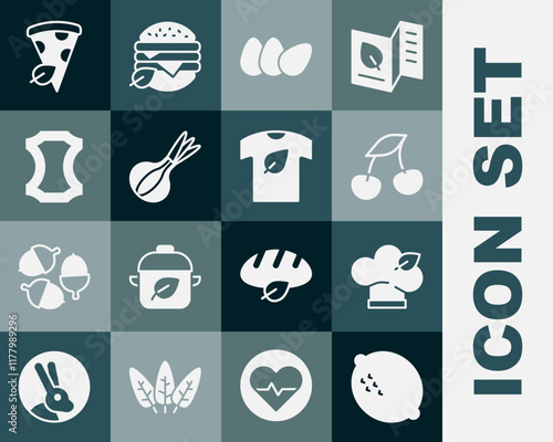 Set Lemon, Vegan food diet, Fresh berries, Chicken egg, Onion, Leather, pizza slice and shirt icon. Vector