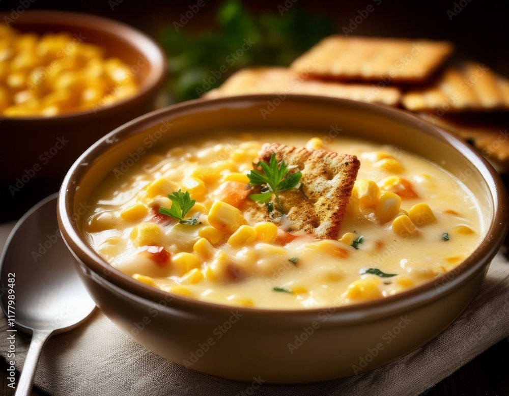 cheesy chicken corn chowder with crackers spooned in natural light1.jpg