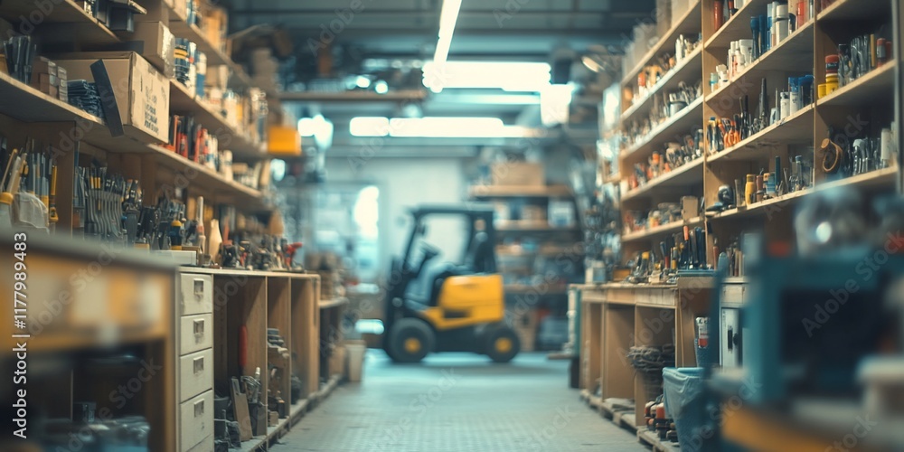 Warehouse aisle with parts, forklift, storage (1) Warehouse aisle with parts, forklift, storage (1)