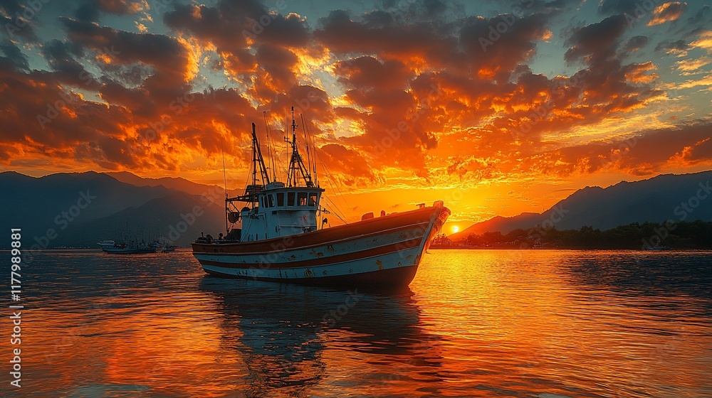 Fishing Vessel at Sunset with Dramatic Sky and Mountains Fishing Vessel at Sunset with Dramatic Sky and Mountains