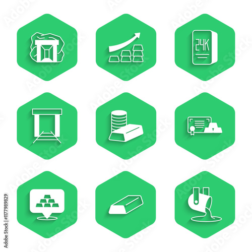 Set Gold coin with gold bars, Molten being poured, certificate, mine, 24k and icon. Vector