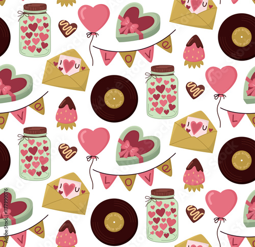 Seamless pattern with romantic objects for Valentine's Day. Backdrop with cute  glass jar, garland, greeting card, cute hearts, record, balloon and gift box	