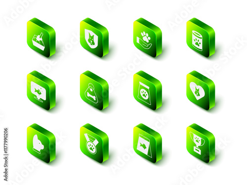 Set Animal health insurance, Hands with animals footprint, Canned food, Heart dog, Pet award symbol, Bag of for pet, Food fish and icon. Vector