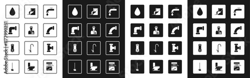 Set Water tap, Plumber, Industry metallic pipe, drop, Wastewater, and filter icon. Vector