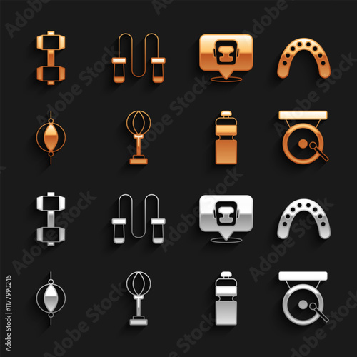 Set Punching bag, Mouth guard boxer, Boxing gong, Fitness shaker, helmet, Dumbbell and Jump rope icon. Vector