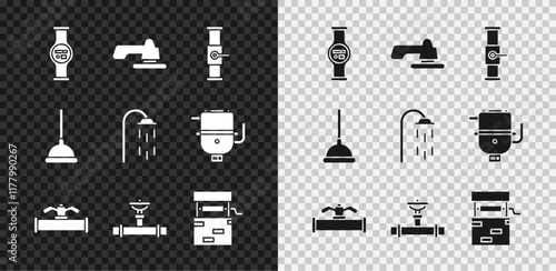 Set Water meter, tap, Industry pipe and valve, Well, Rubber plunger and Shower icon. Vector