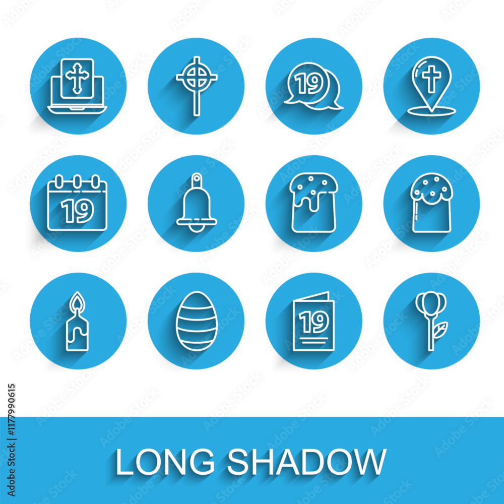 Set line Burning candle, Easter egg, Cross on the laptop screen, Greeting card with Happy, Flower tulip, Ringing bell, cake and icon. Vector Set line Burning candle, Easter egg, Cross on the laptop screen, Greeting card with Happy, Flower tulip, Ringing bell, cake and icon. Vector