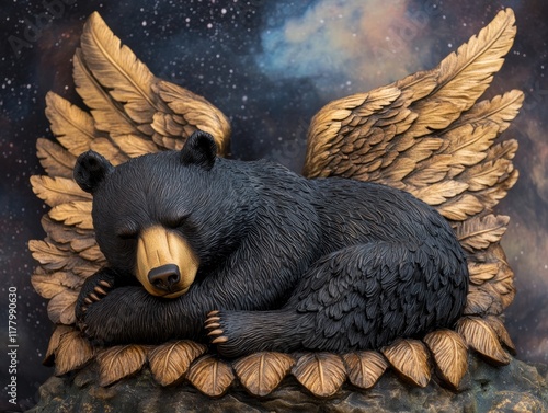 Majestic Black Bear Curled Up in Peaceful Posture with Exquisitely Carved Wooden Angel Wings - Wildlife and Home Decor photo