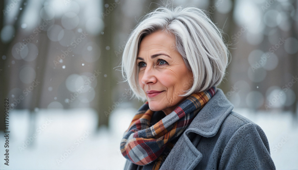 Woman smiling in winter forest with snow Woman smiling in winter forest with snow