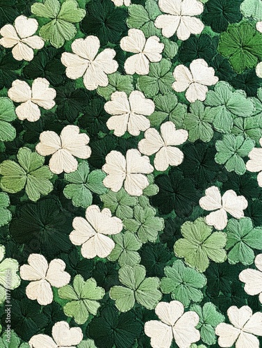 Intricate Embroidered Shamrocks in Shades of Green and White - Perfect for St. Patrick's Day Decor photo