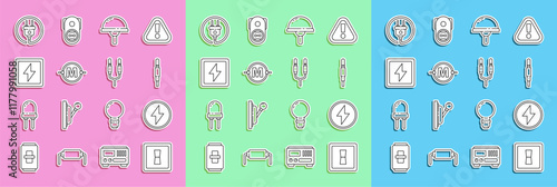 Set line Electric light switch, Lightning bolt, Audio jack, emitting diode, circuit scheme, plug and icon. Vector
