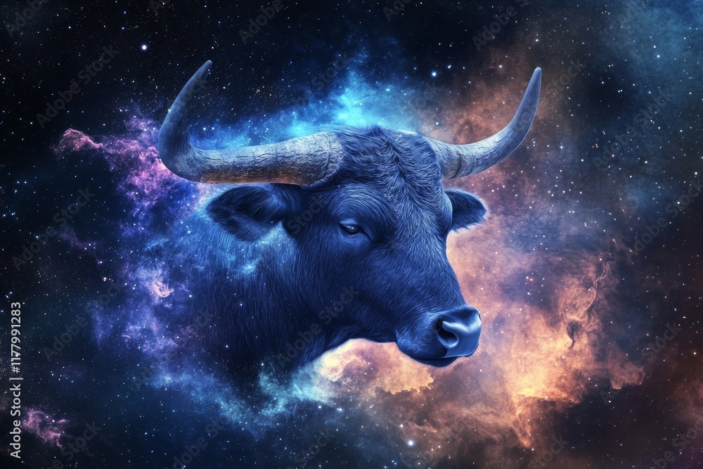 Taurus zodiac sign depicted against a vibrant nebula background in stunning cosmic colors Taurus zodiac sign depicted against a vibrant nebula background in stunning cosmic colors
