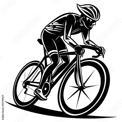 Dynamic Cyclist in Motion Black-and-White Vector Illustration