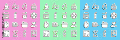 Set line Leaf document, Heart on hand, plant nature, Facial cosmetic mask, Spray can for hairspray, Cream lotion tube, Cup of tea with tea bag and Honey dipper stick bowl icon. Vector