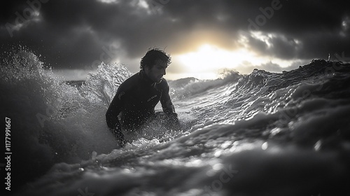 Surfer Navigates Powerful Ocean Waves at Sunset