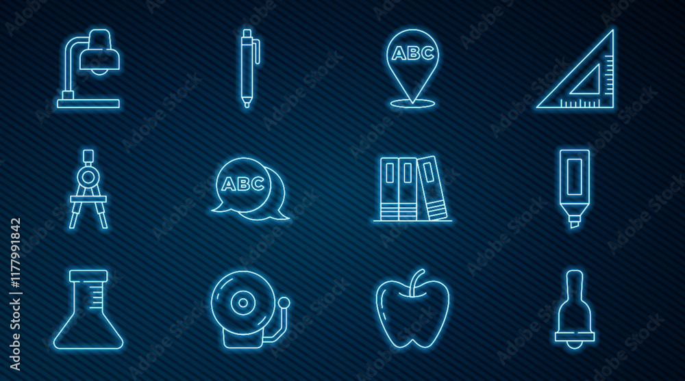 Set line Ringing bell, Marker pen, Alphabet, Drawing compass, Table lamp, Office folders and Pen icon. Vector Set line Ringing bell, Marker pen, Alphabet, Drawing compass, Table lamp, Office folders and Pen icon. Vector